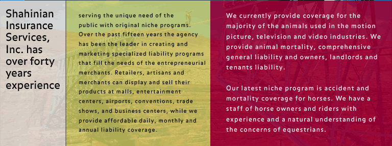 Shahinian Insurance Services withover 40 years experience in serving the unique need of the public with original niche programs. Over the past fifteen years the agency has been the leader in creating and marketing specialized liability programs that fill the needs of the entrepreneurial merchants. Retailers, artisans and merchants can display and sell their products at malls, entertainment centers, airports, conventions, trade shows, and business centers, while we provide affordable daily, monthly and annual liability coverage including Workers' Compensation coverage